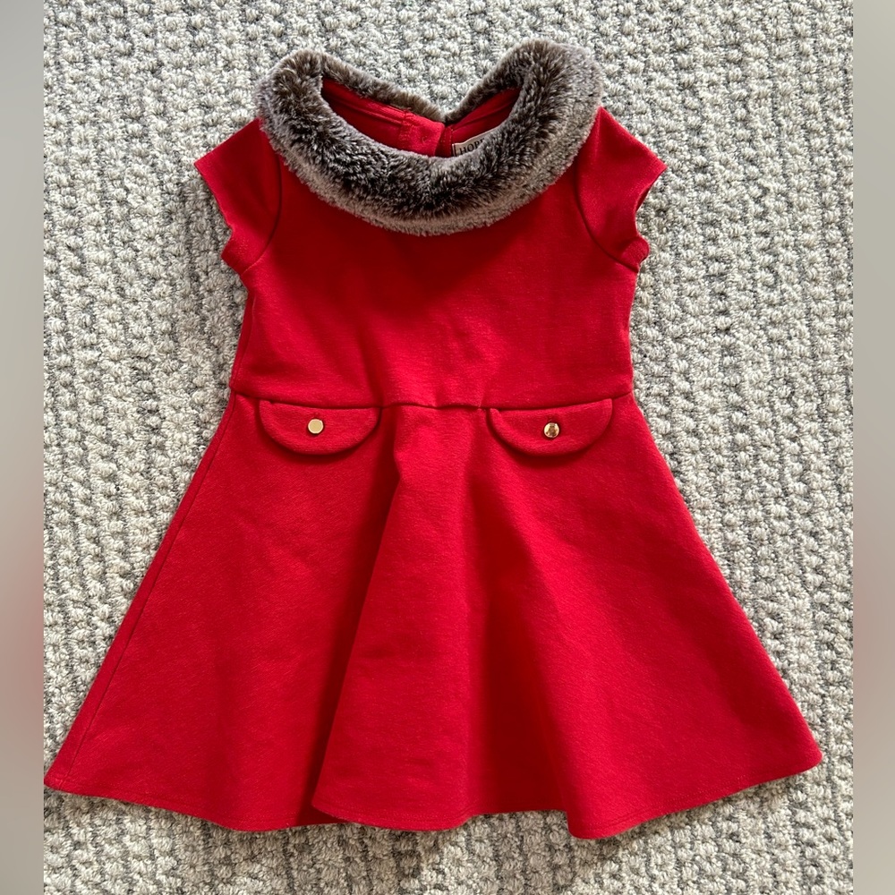 Hope and Henry Baby Girl Red Dress with faux fur collar.  Size 18-24 months